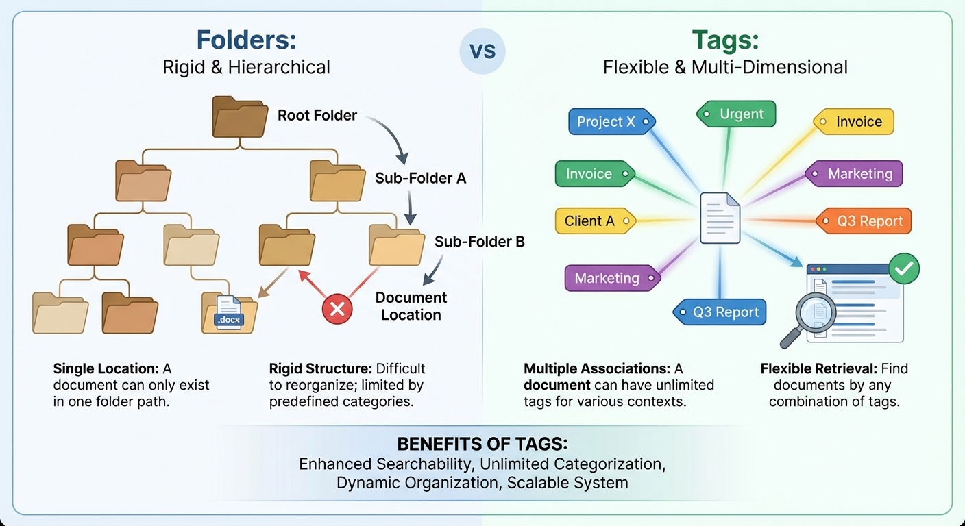 Comparison diagram showing folders vs tags: Folders are rigid and hierarchical with single document location, while tags are flexible and multi-dimensional allowing unlimited categorization and flexible retrieval by any combination of tags